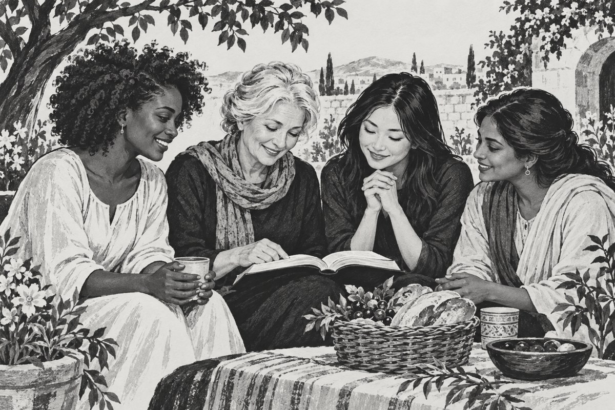 Illustration of women sharing faith, companionship and practical care.